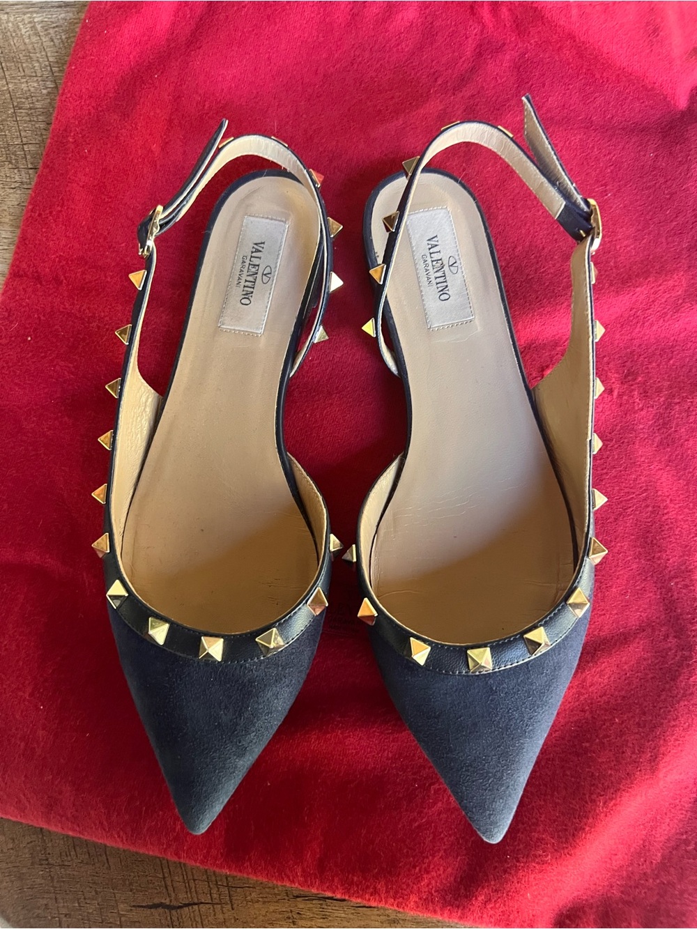 Valentino Garavani Navy Suede Rockstud Pointed Slingback Flats